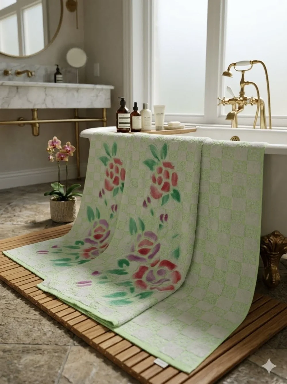 3 VINTAGE 70s/80s Pastel Rose Bath Towel Florescent Green Checkered Floral 47x24